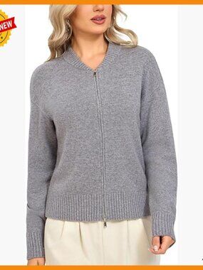 Merino Wool Cardigan with Hidden Zipper Baseball Collar Sweater